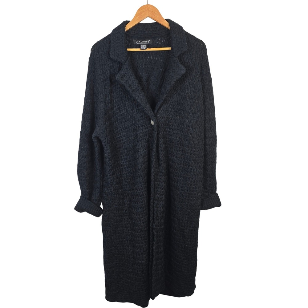 Dialogue Black Merino Wool Blend Longline Duster Cardigan Sweater XL Lapel